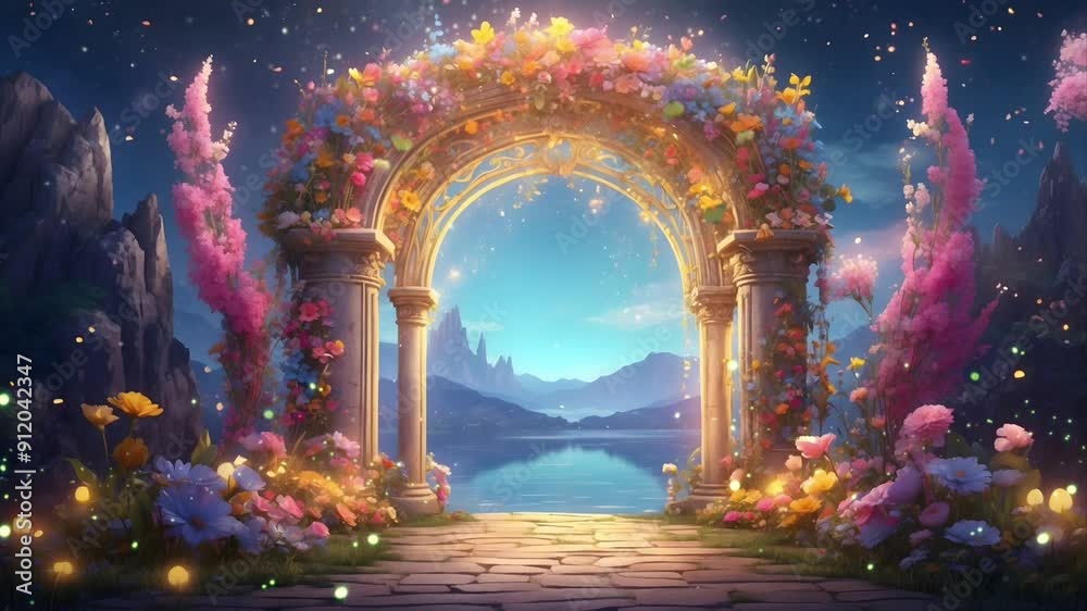 A magical gateway to a fairytale portal. Full of fireflies and butterflies. Seamless 4K looping timelapse video animation generated AI