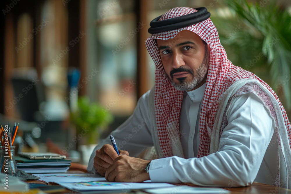 Saudi man in white thobe, writing with charts behind, in an office.generative ai