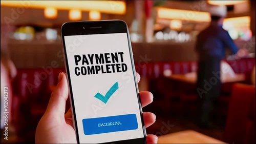Detailed Photograph of a Smartphone Displaying 'PAYMENT COMPLETED' with Checkmarks, Held in a Light-Toned Hand Amidst a Cozy Restaurant Interior