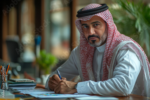 Obraz na płótnie Saudi man in white thobe, writing with charts behind, in an office.generative ai w salonie