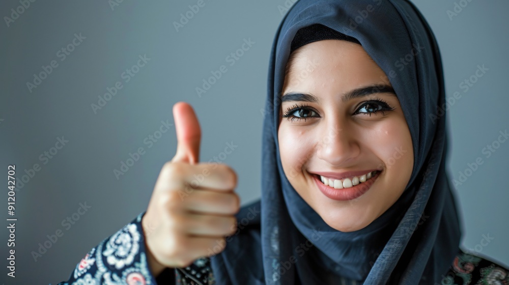 Smiling Woman in a Hijab Gives a Thumbs Up