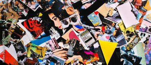 Overlay of pop culture magazine clippings, on black background, Generative AI