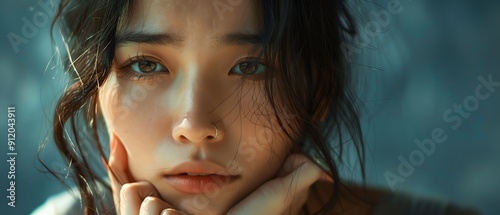 Asian young woman feeling exhausted, alone, sad, unhappy, thinking about problem, realistic, emotional, detailed expression, highquality image photo