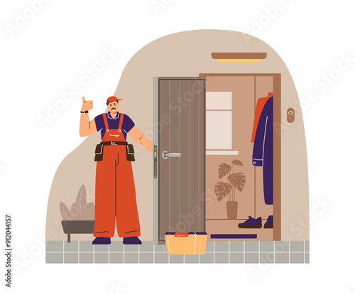 A vector illustration of a professional locksmith demonstrates the maintenance work of an entrance door