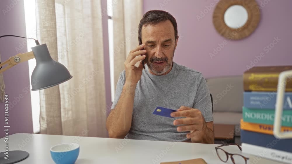 Middle aged hispanic man holding a credit card and talking on the phone in a home office setting with a lamp, books, and a cup on the desk.