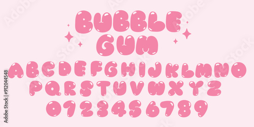 Cute hand drawn letters and numbers vector set. Bubble glossy style alphabet with doodle element. Cartoon font for events, promotion, logo, banner, monogram, poster, sticker, print.