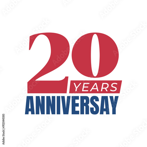 Red color 20th anniversary logo on white background. 20 years anniversary badge, sticker, label, icon, stamp. Birthday celebration greeting card, poster, banner. Number 20. vector typography.