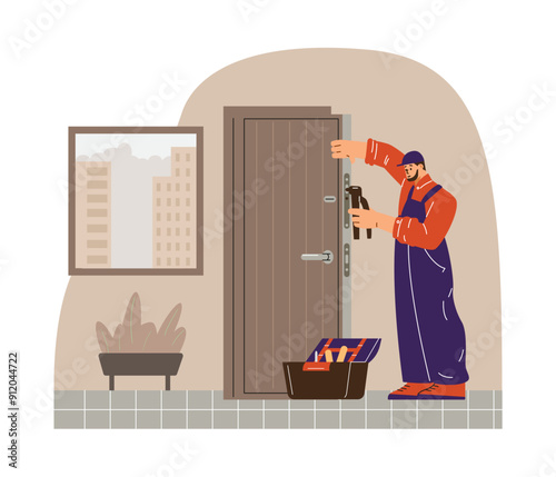 A detailed vector character who performs the installation of the door with a drill