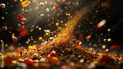 Fototapeta Naklejka Na Ścianę i Meble -  spices exploding in the air on a dark background.capturing dynamic motion and energetic spirit of culinary art
