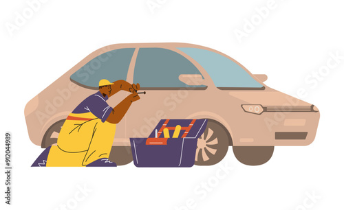 Locksmith repairing car locks - vector illustration on isolated background.