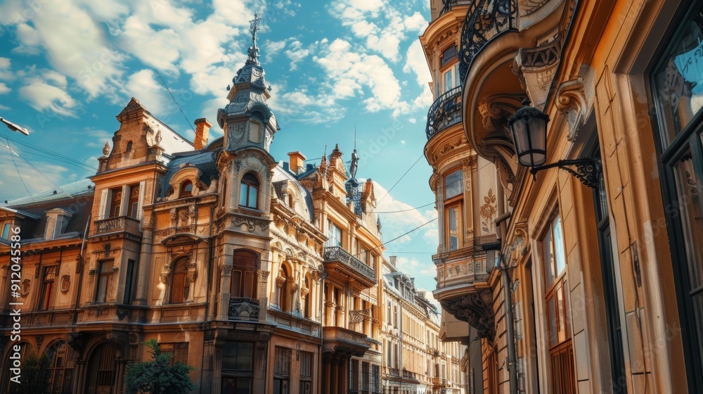 Obraz premium Dusk falls in an alley of a big city with old facades