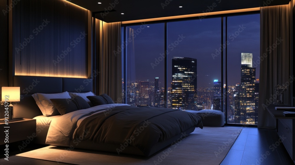 Night scene of Modern contemporary style interior bedroom design with city view Night scene of Modern contemporary style interior bedroom design with city view