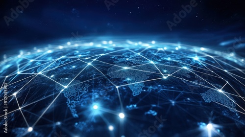 Glowing digital network lines and nodes connect across the globe in outer space, representing worldwide telecommunication and data transfer.