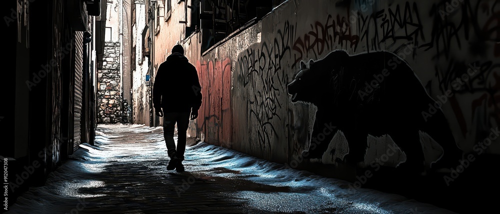 Trader in dark alley with bear graffiti, representing undercurrents of bearish sentiment Trader in dark alley with bear graffiti, representing undercurrents of bearish sentiment