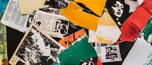 Overlay of retro magazine clippings, on black background, Generative AI