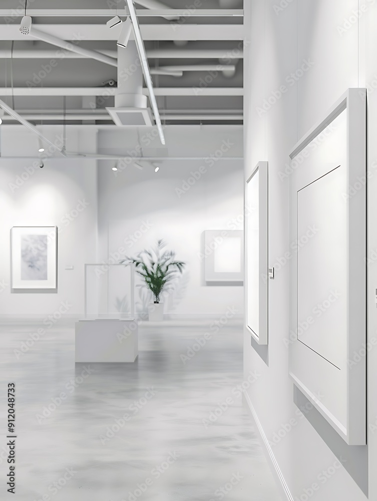 Fototapeta premium Modern gallery with empty white mockup frames and minimalist decor accents..