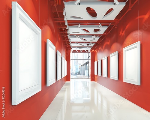 Modern art gallery with white frames on vibrant red walls and stylish ceiling decor.. photo