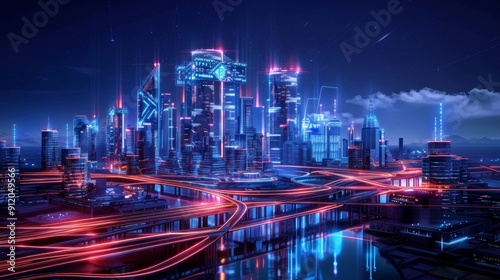 A futuristic cityscape featuring biometric elements and digital grids