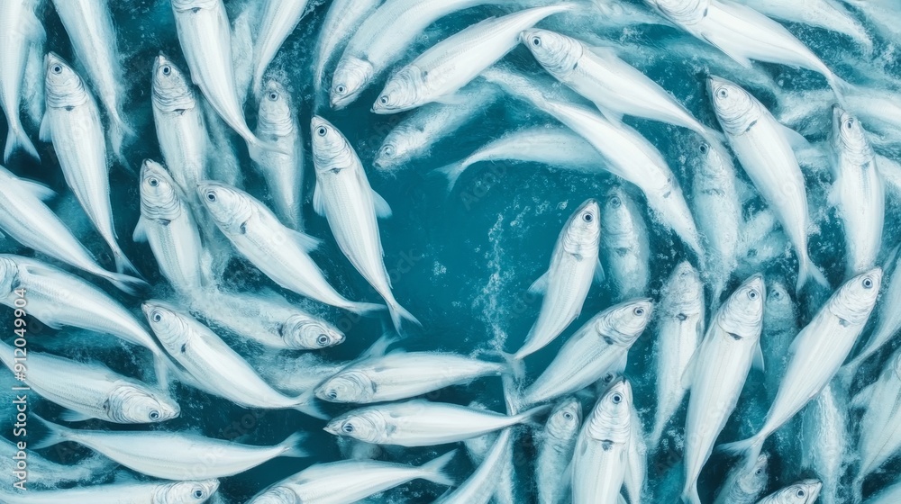 Obraz premium A dense cloud of fish seen from above, their bodies forming a shimmering pattern