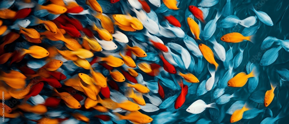 A lively underwater spectacle of tropical fish, densely packed and swirling in a colorful, mesmerizing pattern A lively underwater spectacle of tropical fish, densely packed and swirling in a colorful, mesmerizing pattern