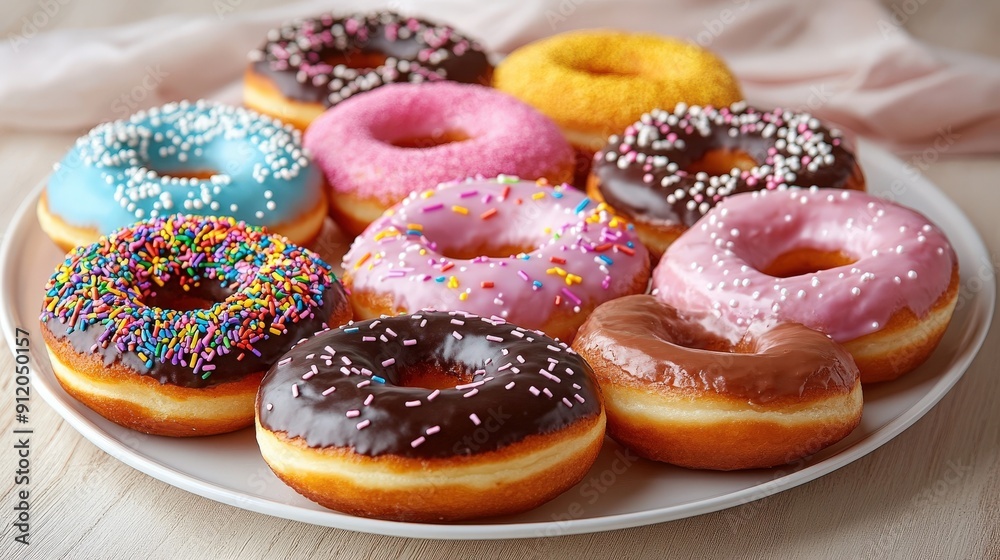 Assorted Glazed Donuts with Sprinkles on a White Plate Assorted Glazed Donuts with Sprinkles on a White Plate