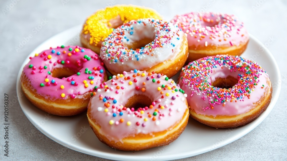 Five Glazed Donuts with Sprinkles on a White Plate Five Glazed Donuts with Sprinkles on a White Plate