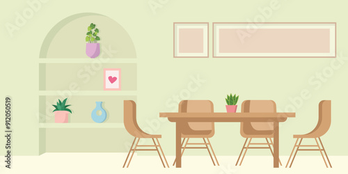 Dining room with four simple chairs in brown wood and green walls