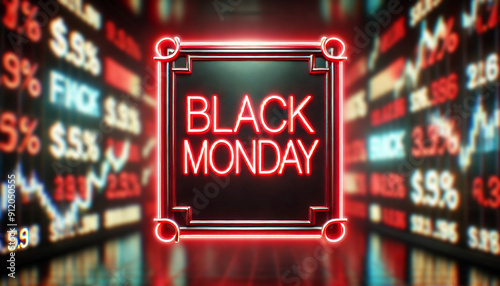 A glowing frame with the text 'BLACK MONDAY' in red neon light 