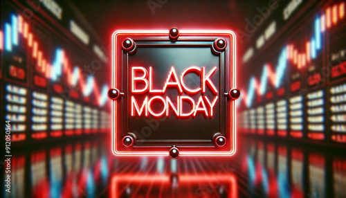 A glowing frame with the text 'BLACK MONDAY' in red neon light 