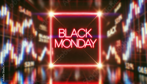 A glowing frame with the text 'BLACK MONDAY' in red neon light 