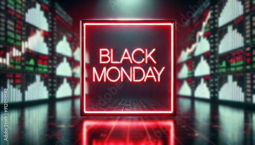 A glowing frame with the text 'BLACK MONDAY' in red neon light 