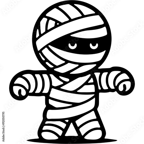 Boy dressed in Halloween mummy costume stands with arms outstretched and scares in monochrome. Simple minimalistic vector in black ink drawing on transparent background