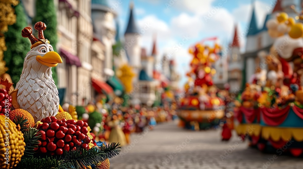 a Thanksgiving parade in a fairy-tale kingdom with fantastical floats and characters
