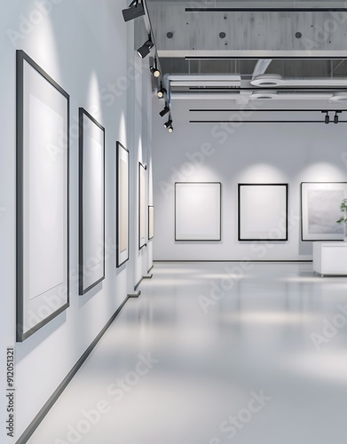 Modern gallery with minimalist white walls and empty white mockup frames.. photo