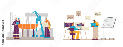 Marine engineer creating machinery construction on computer, shipbuilding mechanic staff, vessel technic crew vector set