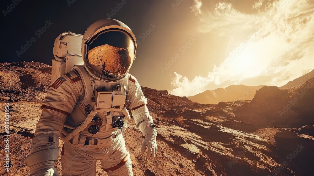 Astronaut exploring a red planet with mountains in the background Astronaut exploring a red planet with mountains in the background