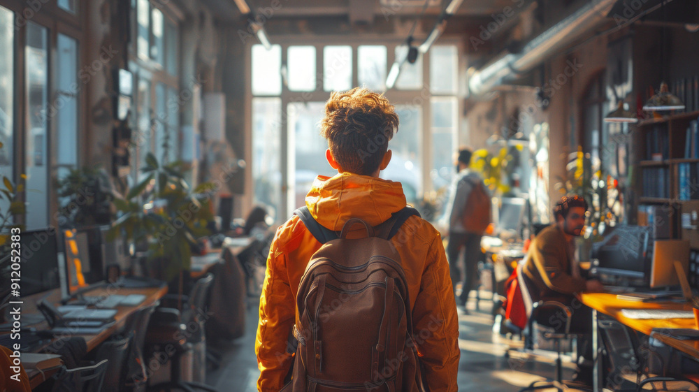 Obraz premium a young man walking into an office in his first day at work; everybody is greeting him, welcoming him.generative ai