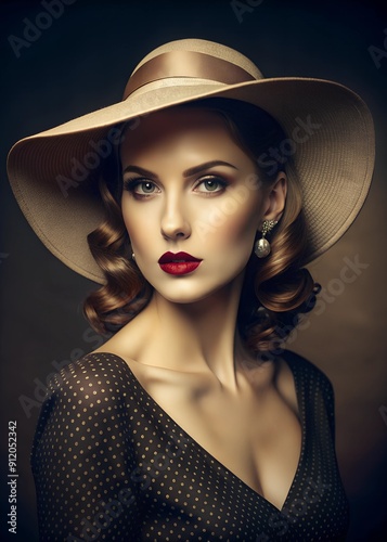 Portrait of a beautiful woman in a hat in retro style