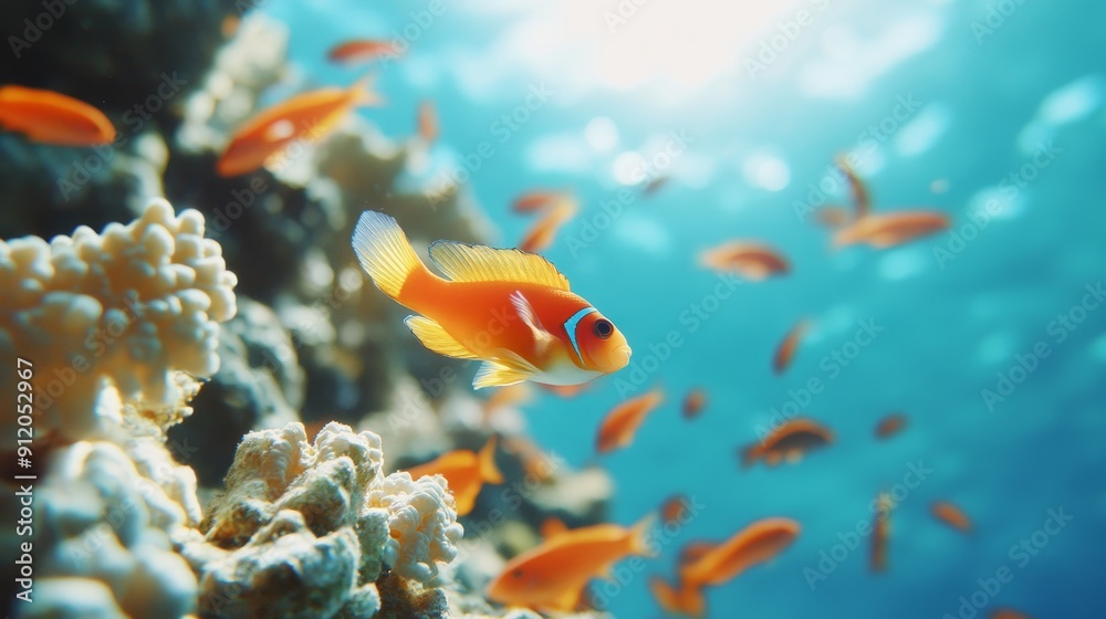 A dense cluster of tropical fish around a vibrant coral reef A dense cluster of tropical fish around a vibrant coral reef