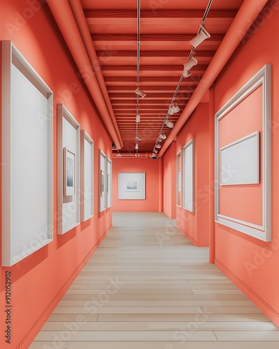 Art gallery featuring white mockup frames on coral walls and modern ceiling accents.. photo