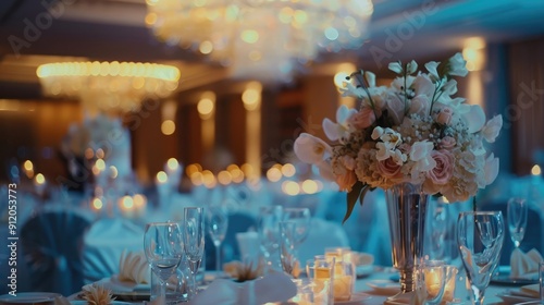 Wedding hall with dim lighting, focus on the table with flowers and a buffet