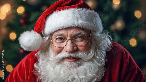 A charming portrait of Santa Claus wearing glasses, his warm smile and twinkling eyes adding to the festive spirit. The background is decorated with a Christmas tree and bokeh lights.