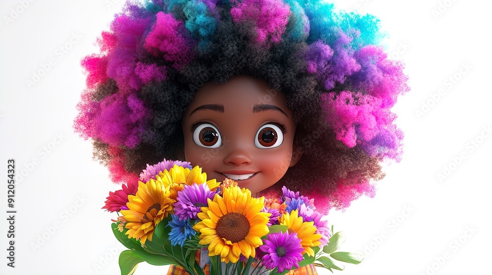 Cheerful Young Girl with Colorful Afro and Vibrant Bouquet: Perfect Poster for Brightening Up Any Playroom or Sports Interior! Cheerful Young Girl with Colorful Afro and Vibrant Bouquet: Perfect Poster for Brightening Up Any Playroom or Sports Interior!