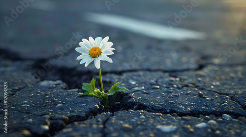 prevailing against all odds concept with Daisy flower growing from crack in the asphalt