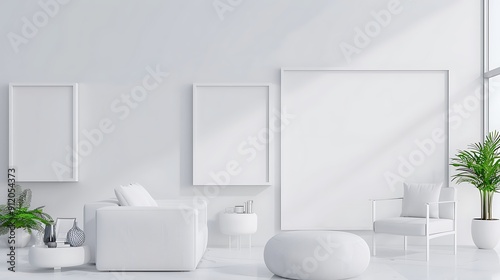 Minimalist white walls with white empty mockup frames in a modern art gallery.. photo