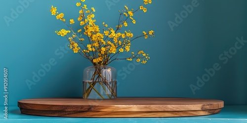 ound wood podium, yellow flowers, solid blue background, copy space  photo