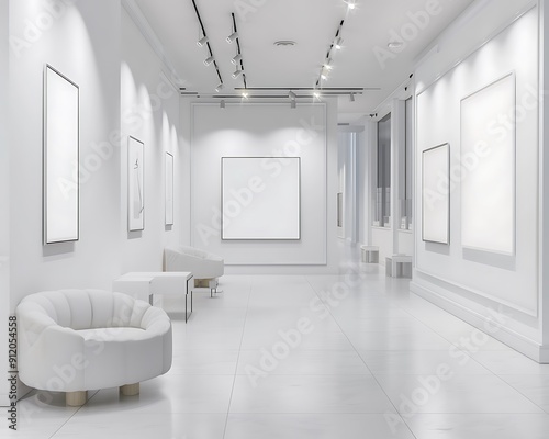 Minimalist gallery with stylish accents and empty frames.. photo