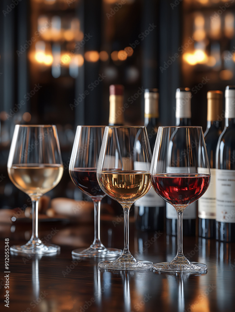 A set of wine glasses each filled with a different type of wine, with bottles of wine in the background. The scene is set on a polished wooden table with a soft. A set of wine glasses each filled with a different type of wine, with bottles of wine in the background. The scene is set on a polished wooden table with a soft.