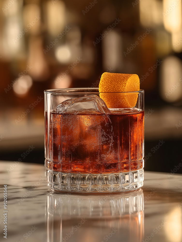 A classic Negroni cocktail in a short glass with an orange peel twist. The drink is displayed on a marble bar counter with a stylish, sophisticated background. A classic Negroni cocktail in a short glass with an orange peel twist. The drink is displayed on a marble bar counter with a stylish, sophisticated background.