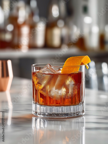 A classic Negroni cocktail in a short glass with an orange peel twist. The drink is displayed on a marble bar counter with a stylish, sophisticated background.